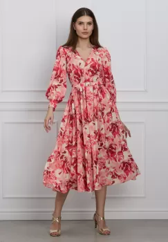 Rochie Dy Fashion corai cu imprimeu alb si curea in talie imagine