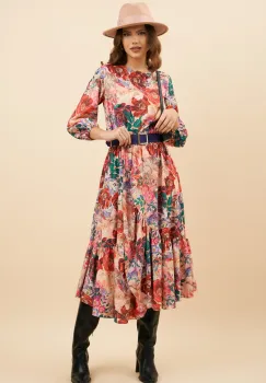 Rochie DY Fashion corai cu imprimeu floral mov si curea in talie imagine