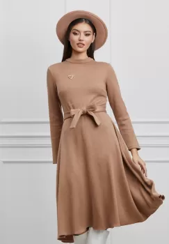 Rochie Dy Fashion crem din tricot cu aplicatie detasabila la bust imagine