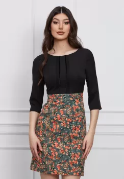 Rochie Dy Fashion cu bust negru si fusta verde cu imprimeu floral imagine