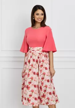 Rochie Dy Fashion cu bust roz zmeura si fusta cu imprimeu floral imagine