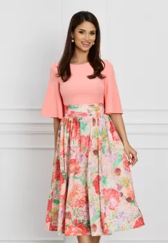 Rochie Dy Fashion cu bust somon si fusta cu imprimeu floral imagine