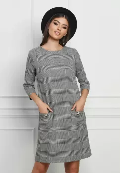 Rochie Dy Fashion cu imprimeu pepit alb-negru si buzunare imagine