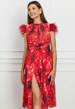 Rochie Dy Fashion cu imprimeu rosu si pene la umeri imagine