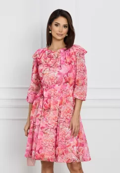 Rochie Dy Fashion cu imprimeu roz si cordon in talie imagine