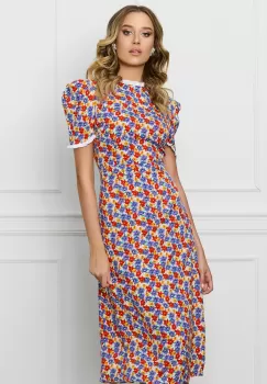 Rochie Dy Fashion cu imprimeuri florale colorate si volanase la maneci si decolteu imagine