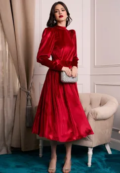 Rochie DY Fashion din catifea rosie cu umeri bufanti si curea in talie imagine