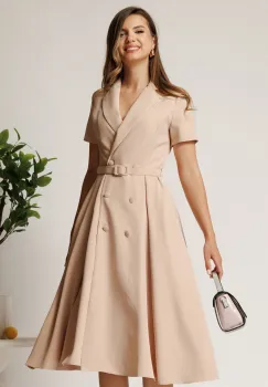 Rochie DY Fashion din stofa bej cu nasturi si curea in talie imagine