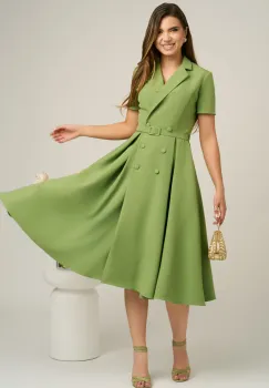 Rochie DY Fashion din stofa verde cu nasturi si curea in talie imagine