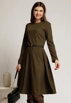 Rochie DY Fashion din tricot kaki cu curea subtire si fusta clos imagine