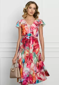 Rochie DY Fashion din voal cu imprimeu floral multicolor si cordon in talie imagine