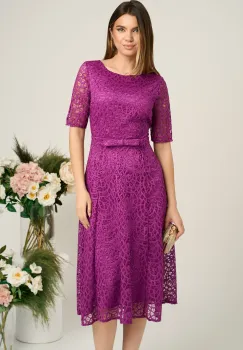 Rochie DY Fashion eleganta din dantela magenta cu maneci scurte si curea in talie imagine