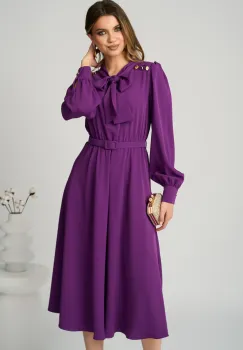 Rochie DY Fashion eleganta din voal mov cu nasturi pe umeri si curea in talie imagine