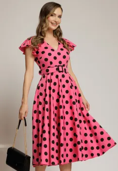 Rochie DY Fashion fucsia cu buline si curea in talie imagine