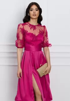 Rochie DY Fashion fucsia cu dantela la bust si crepeu pe fusta imagine