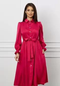 Rochie Dy Fashion fucsia din satin cu nasturi si cordon in talie imagine