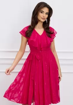 Rochie DY Fashion fucsia din voal cu buline si cordon in talie imagine