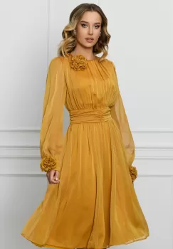 Rochie DY Fashion galben din voal cu trandafiri la maneci si decolteu imagine