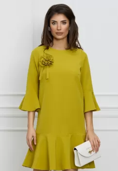 Rochie Dy Fashion galben mustar cu floare pe bust si volane imagine