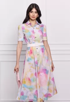 Rochie DY Fashion galbena cu imprimeu roz si curea in talie imagine