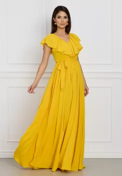 Rochie Dy Fashion galbena lunga cu volan la bust si cordon in talie imagine