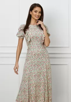 Rochie Dy Fashion gri cu floricele roz-bleu si volane pe umeri imagine