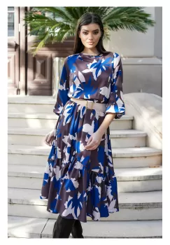 Rochie Dy Fashion gri cu imprimeuri albastre si curea in talie imagine