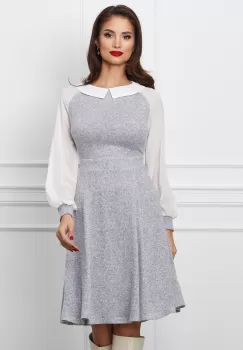 Rochie Dy Fashion gri cu maneci si guler albe din voal imagine