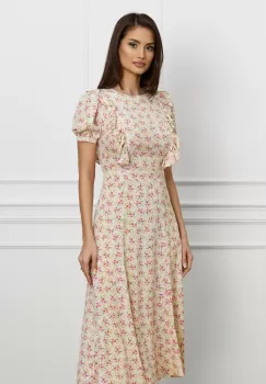 Rochie Dy Fashion ivory cu floricele lila si volane pe umeri imagine