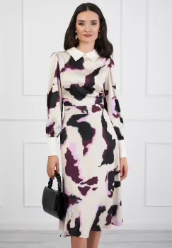 Rochie DY Fashion ivory cu imprimeuri florale mov si guler alb imagine