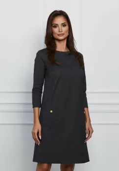 Rochie Dy Fashion lejera gri cu imprimeuri negre si buzunare imagine