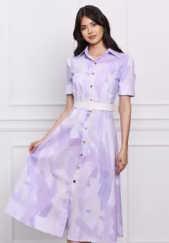Rochie DY Fashion lila cu imprimeu bej si curea in talie imagine