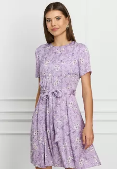 Rochie Dy Fashion lila cu imprimeu floral alb si cordon in talie imagine