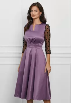 Rochie Dy Fashion lila din satin cu buline catifelate pe maneci imagine