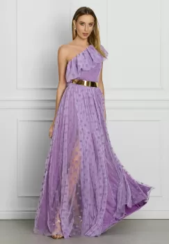 Rochie DY Fashion lila lunga din tull cu buline catifelate si curea in talie imagine