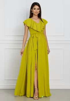 Rochie Dy Fashion lime lunga cu volan la bust si cordon in talie imagine