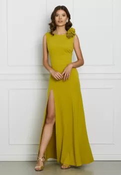 Rochie DY Fashion lunga galbena cu floare la umar imagine