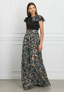 Rochie DY Fashion lunga neagra cu imprimeu floral verde pe fusta si floare maxi la umar imagine
