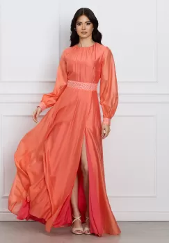 Rochie DY Fashion lunga peach cu dantela in talie imagine