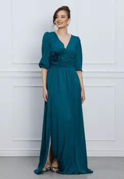 Rochie DY Fashion lunga turcoaz cu floare in talie imagine