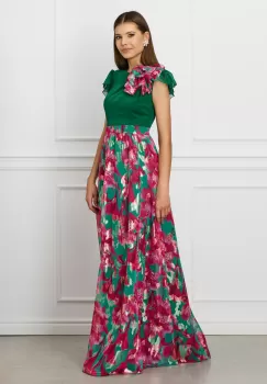 Rochie DY Fashion lunga verde cu imprimeu floral roz pe fusta si floare maxi la umar imagine