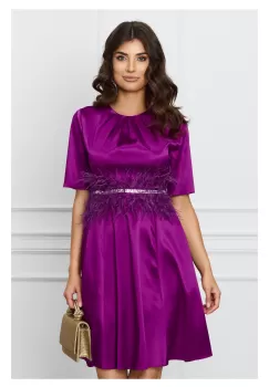 Rochie DY Fashion magenta cu cordon din pene si strasuri in talie imagine