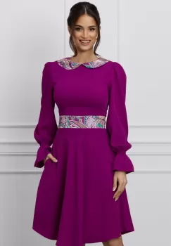 Rochie Dy Fashion magenta cu guler si banda in talie din satin cu imprimeu imagine