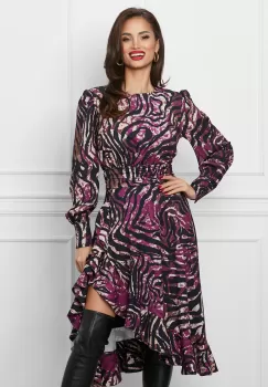 Rochie Dy Fashion magenta cu imprimeu zebra si volan pe fusta imagine