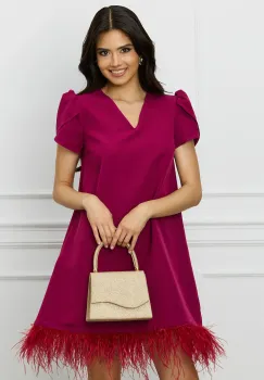 Rochie DY Fashion magenta cu pene la baza si umeri bufanti imagine