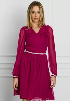 Rochie DY Fashion magenta cu volan si strasuri imagine
