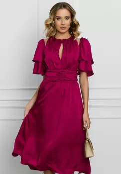 Rochie DY Fashion magenta cu volane la maneci si decupaj la decolteu imagine