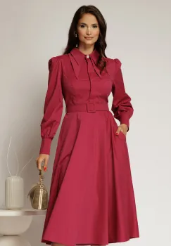 Rochie DY Fashion magenta din poplin cu guler dublu si curea in talie imagine