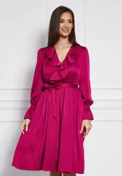 Rochie Dy Fashion magenta din satin cu volanas pe bust si cordon in talie imagine