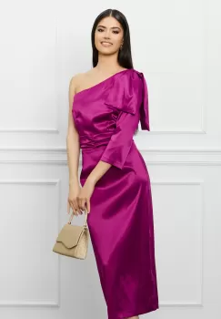 Rochie DY Fashion magenta din tafta cu funda pe umar imagine